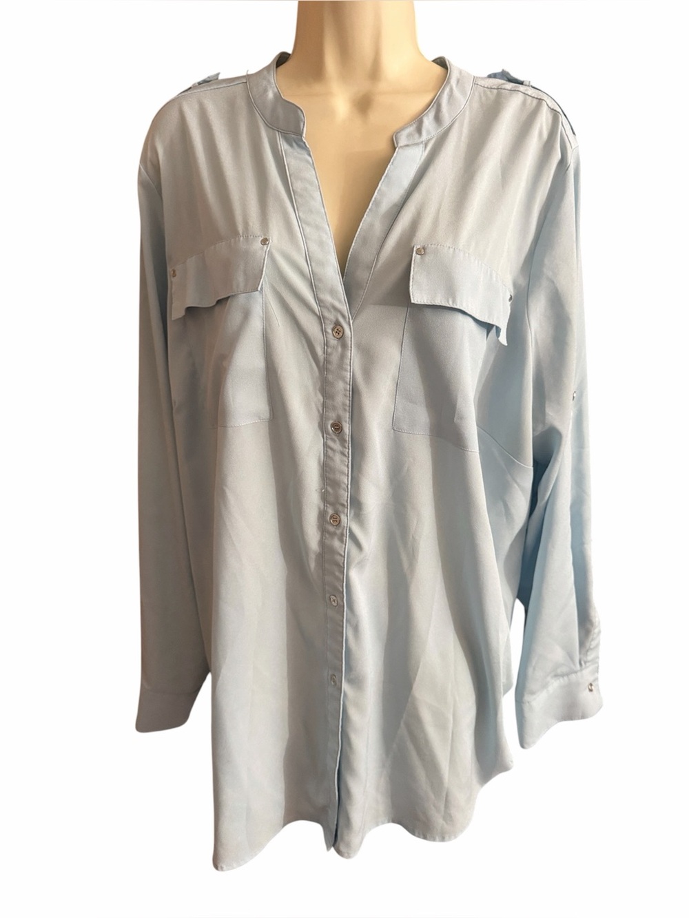 Calvin Klein size 1X light blue button front blouse mandarin collar